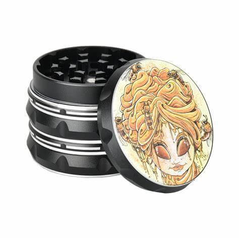 Sean Dietrich 4-Piece Herb Grinder - 2.25" with artistic bee design on the lid for precision grinding.