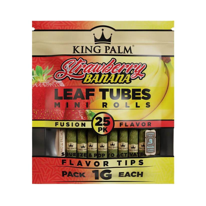 King Palm 25pc Strawberry Banana Mini Rolls, all-natural hemp wraps for a flavorful smoking experience.