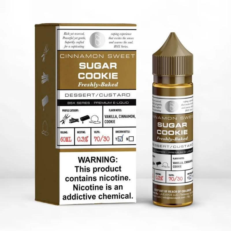 BSX Series 60ml Sugar Cookie e-liquid with vanilla, cinnamon flavors and warning label.