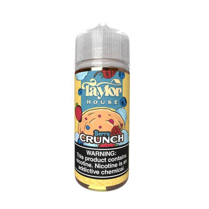 Taylor House E Liquids Berry Crunch flavor bottle, featuring colorful design and nicotine warning label.