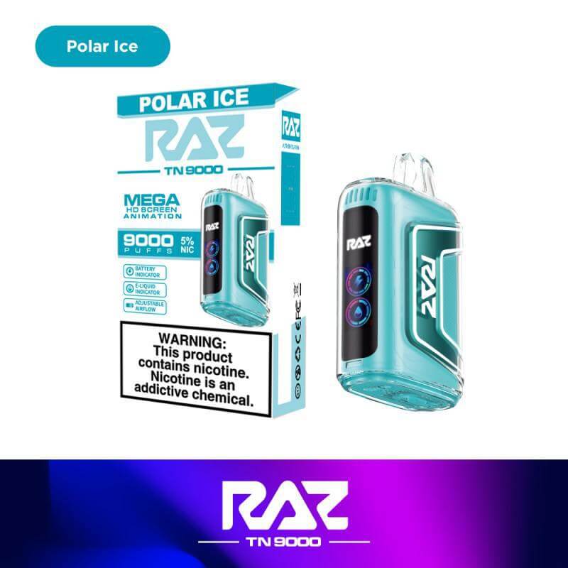 Raz TN9000 Disposable Nicotine Vape in Polar Ice flavor, offering 9000 puffs with 5% nicotine strength.