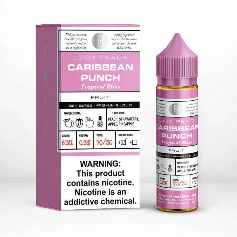 BSX Series Caribbean Punch 60ml e-liquid bottle featuring peach, strawberry, and pineapple flavors.