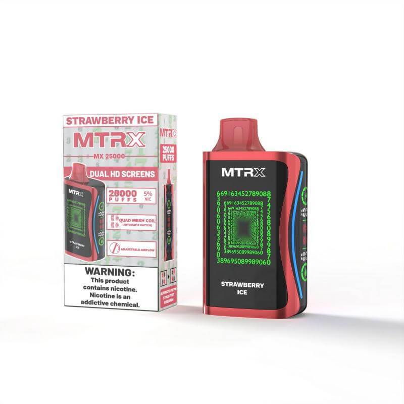 MTRX MX 25k Disposable vape with Strawberry Ice flavor and dual HD screens, featuring 25000 puffs and nicotine warning.