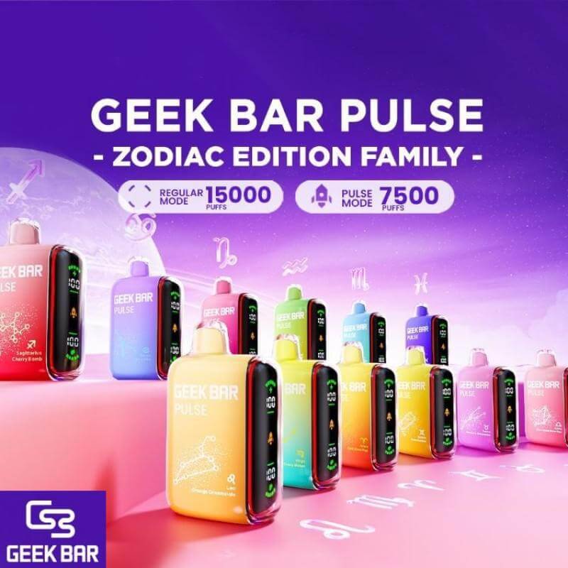 Geek Bar Pulse Zodiac Edition disposable vapes in various colors showcasing 15000 puffs and pulse mode features.