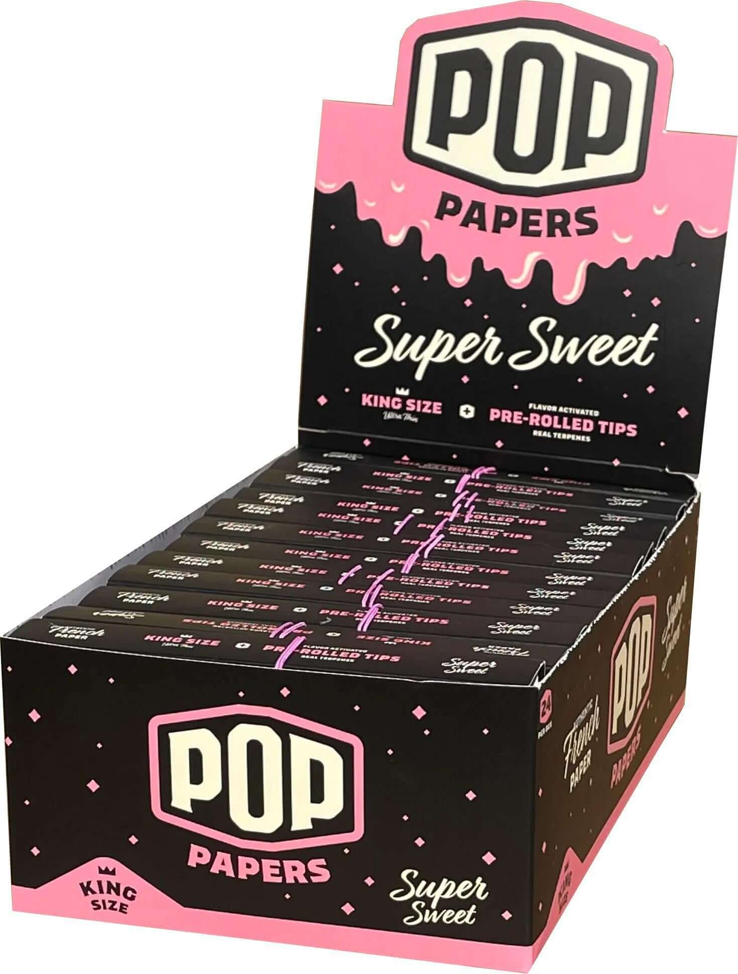 Pop Papers display with Super Sweet King Size Rolling Papers and Pre-Rolled Tips, featuring vibrant pink and black packaging.