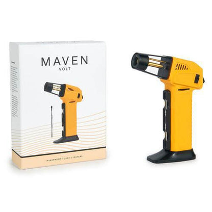 Maven Volt Butane Torch in yellow with packaging, featuring adjustable jet flame and safety features.