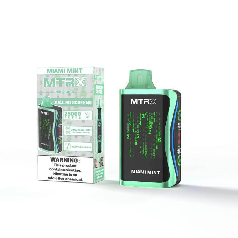 MTRX MX 25k Disposable Vape in Miami Mint flavor with packaging and dual HD screens, offering rich flavor and nicotine satisfaction.