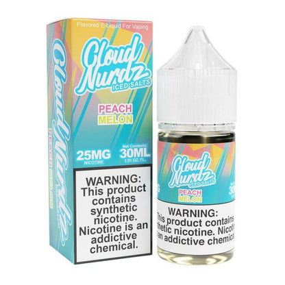 Cloud Nurdz Iced Peach Melon 30ml e-liquid with 25mg nicotine for a refreshing vaping experience.