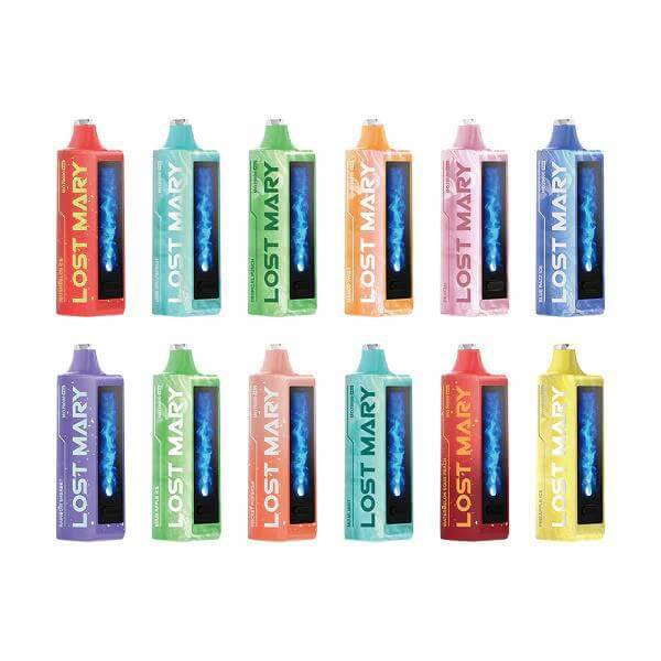 Collection of Lost Mary MO20000 Disposable Nicotine Vapes in various colors and styles.
