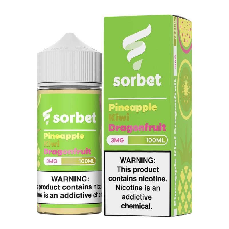 Pineapple Kiwi Dragonfruit e-liquid by Sorbet, 100ml bottle with warning about nicotine.