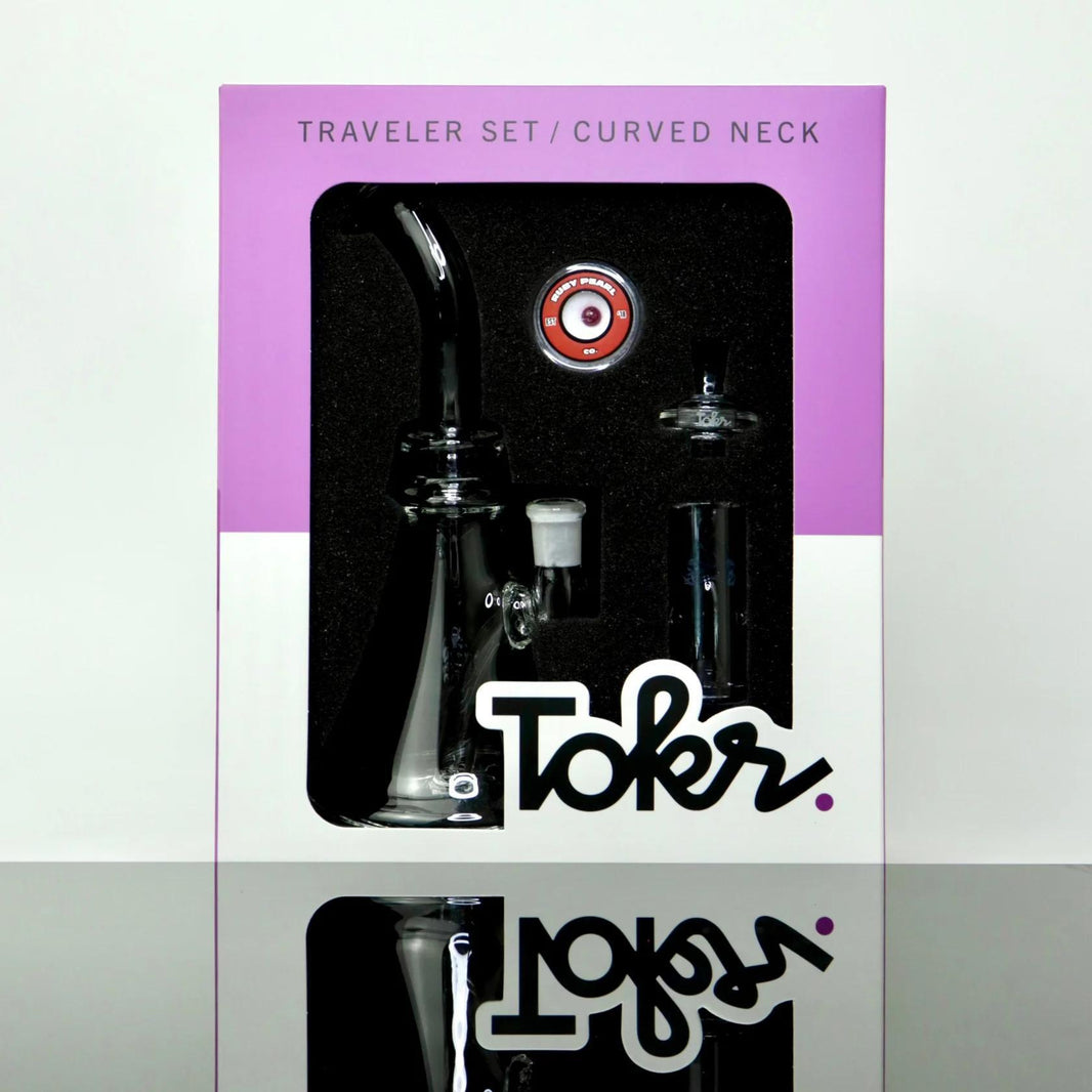 Tokr Glass Rig Kit - Curved Neck, travel set featuring curved neck rig, quartz spinner, and accessories.
