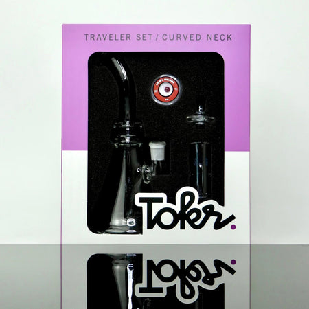 Tokr Glass Rig Kit - Curved Neck, travel set featuring curved neck rig, quartz spinner, and accessories.