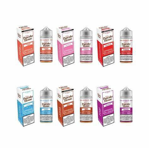 Variety of Pancake House 100ml e-liquids in colorful bottles with packaging, showcasing diverse flavors.