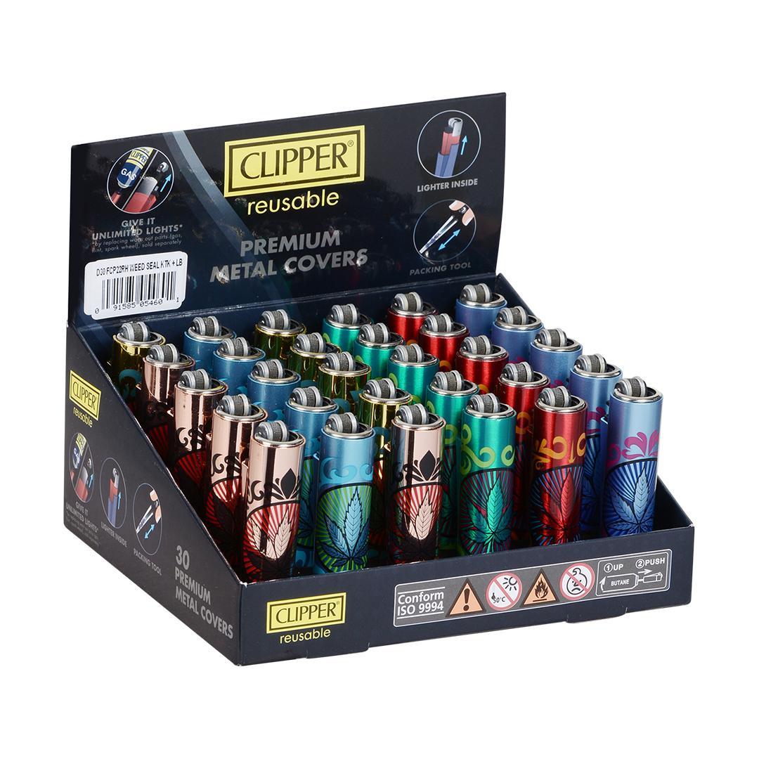 Clipper Lighter metal Covers - Weed Seal ( Coming Soon ) display with colorful reusable lighters.
