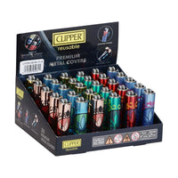 Clipper Lighter metal Covers - Weed Seal ( Coming Soon ) display with colorful reusable lighters.