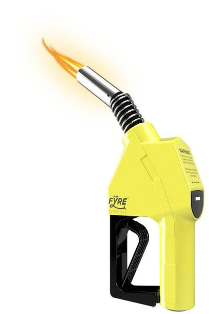 Fyre Gas Pump Torch featuring a vibrant yellow design and flame nozzle, combining retro style with modern functionality.