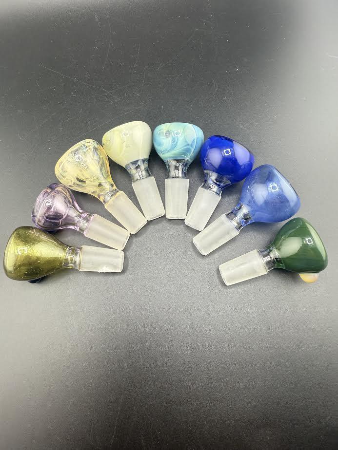 Assorted 14mm bowl pieces in different colors, designed for durability and optimal airflow, ideal for various devices.
