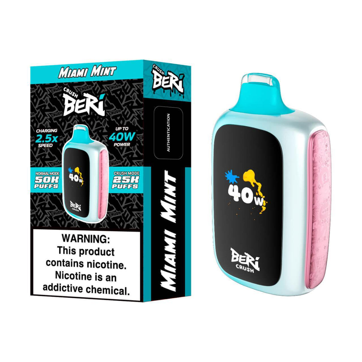 BERI CRUSH Miami Mint Disposable Vape with 50,000 puffs and 40W power, featuring vibrant packaging and warning label.