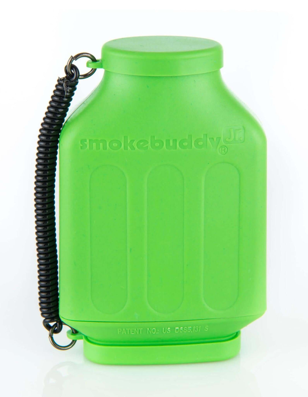 Smokebuddy Junior Personal Air Filter in bright green with a coiled strap for easy transport.