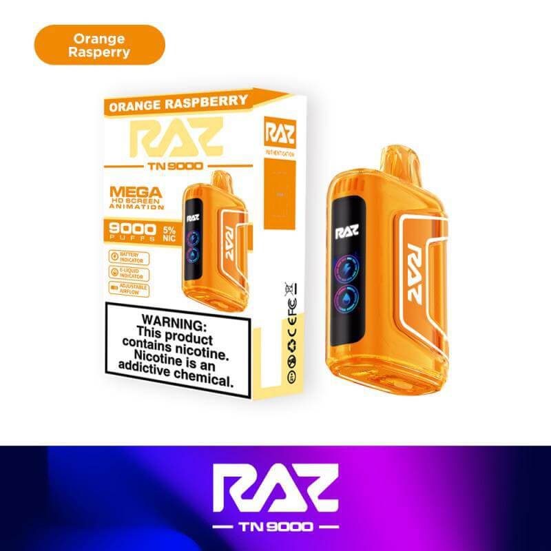 Raz TN9000 Disposable Nicotine Vape in Orange Raspberry flavor, featuring powerful performance and sleek design.