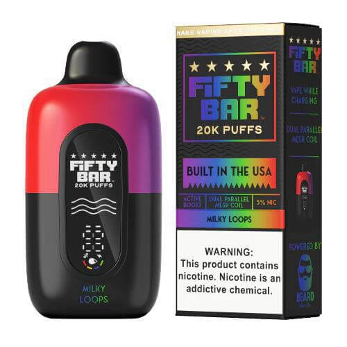 Fifty Bar 20K Disposable vape in Milky Loops flavor, 5% nicotine, sleek design, vibrant colors, powered by Beard Vape Co.