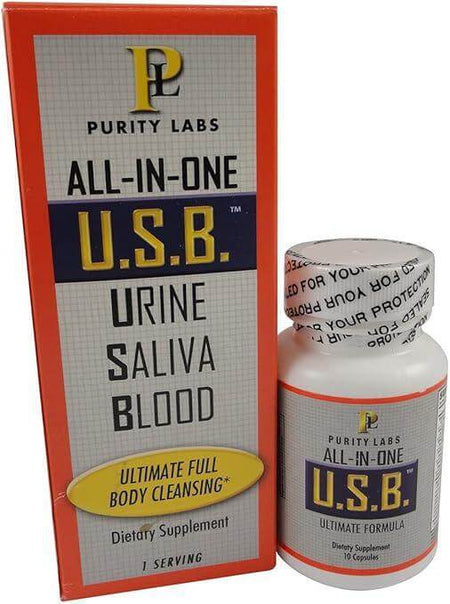Purity Labs ALL-IN-ONE U.S.B. Full Body Cleanse Dietary Supplement bottle and box, designed for quick detox and cleansing.