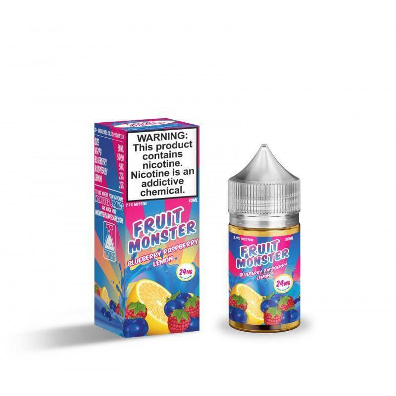 Fruit Monster Salt Nic 30ml e-liquid bottle and box featuring blueberry, raspberry, and lemon flavors.