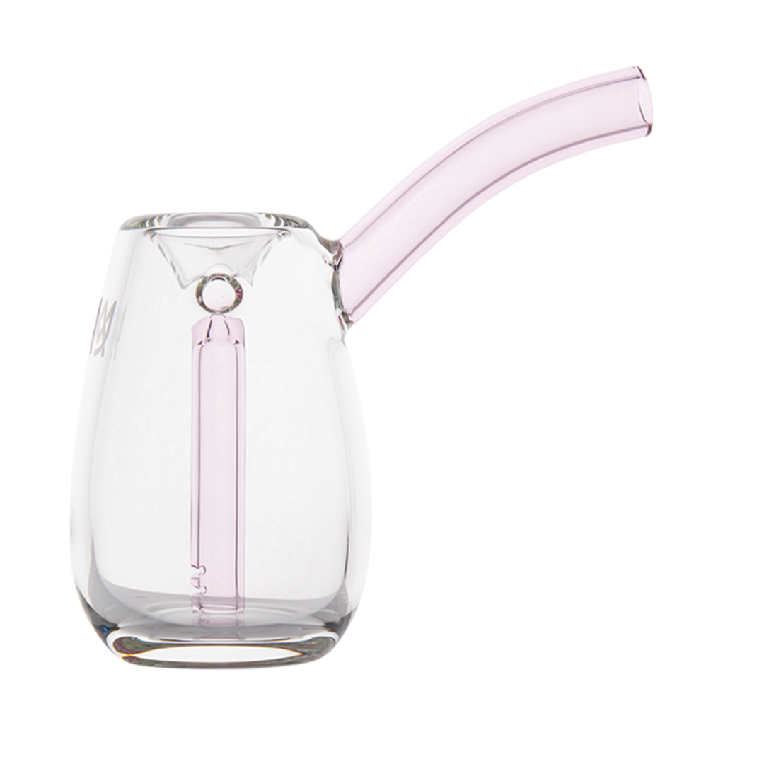 MJ Arsenal Flower Bubbler - Bulb, compact borosilicate glass mini bubbler with pink accents, perfect for portable water filtration.