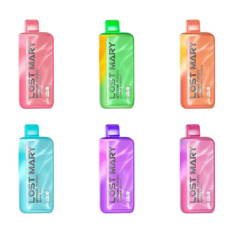 Six Lost Mary MT15000 Nicotine Vape devices in vibrant colors, showcasing dual mode performance and thermal color changing features.
