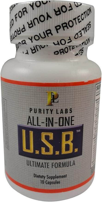 Purity Labs ALL-IN-ONE U.S.B. Full Body Cleanse dietary supplement bottle with 10 capsules.
