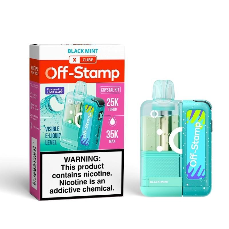 Off Stamp X-Cube  Crystal Kit 35k showcasing sleek design with packaging, featuring black mint flavor and nicotine warning.