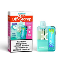 Off Stamp X-Cube  Crystal Kit 35k showcasing sleek design with packaging, featuring black mint flavor and nicotine warning.