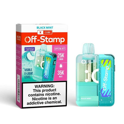 Off Stamp X-Cube  Crystal Kit 35k showcasing sleek design with packaging, featuring black mint flavor and nicotine warning.