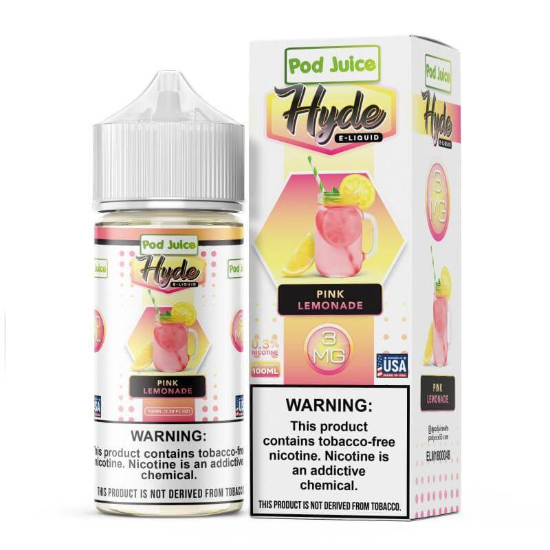 Pod Juice Hyde E-Liquid Pink Lemonade 100ml bottle and packaging, featuring bold flavors for sub-ohm vaping.