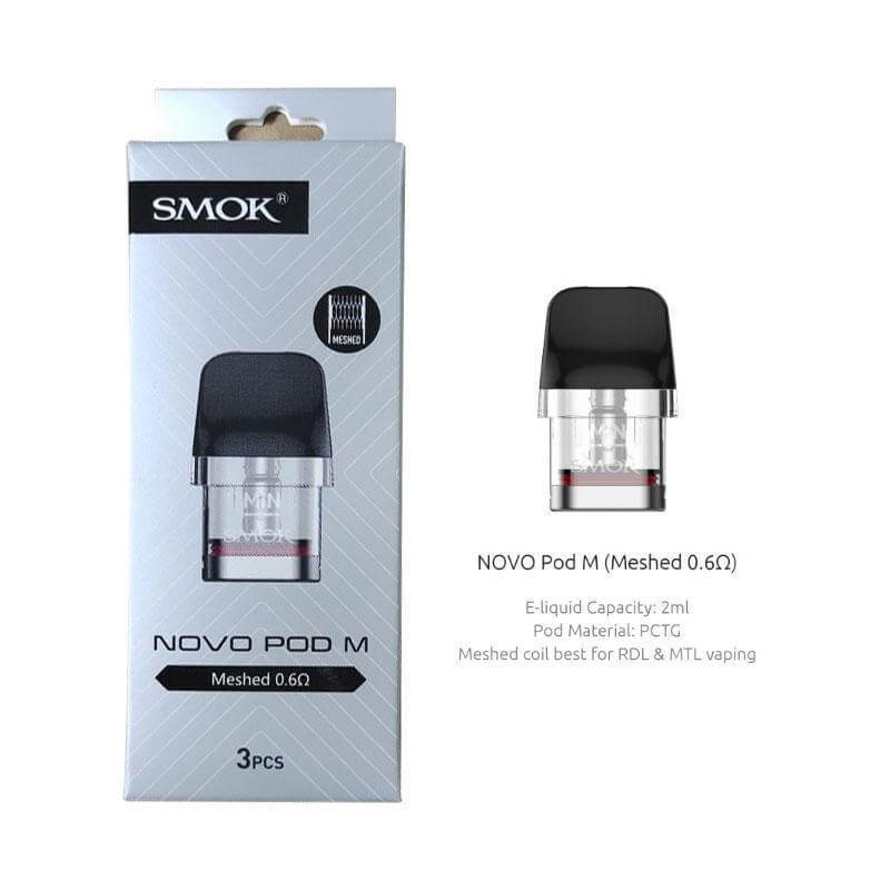Smok Novo Pod M 0.6Ω cartridge packaging, 2mL capacity, designed for RDL & MTL vaping, made from PCTG.