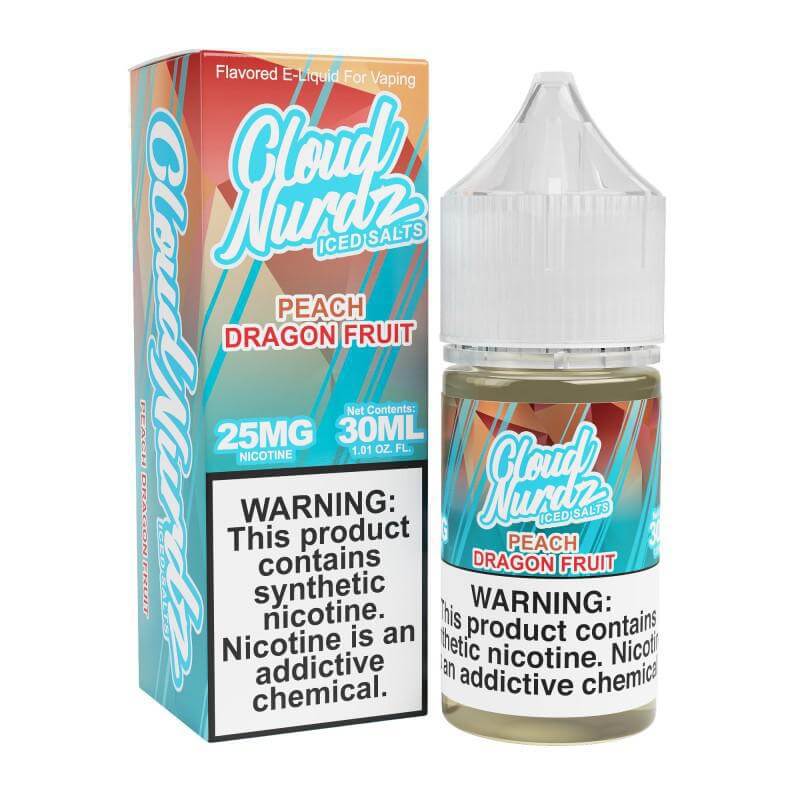 Cloud Nurdz Iced Salt Nicotine e-liquid Peach Dragon Fruit 30ml with bold fruity flavor and menthol kick.