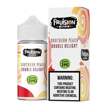 Fruision Juice Co Southern Peach Double Delight 100ml bottle and packaging with 3mg nicotine warning.