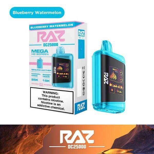 Raz 25k disposable vape with blueberry watermelon flavor, featuring a clear design and powerful performance.
