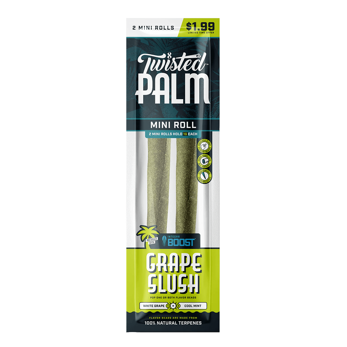 Twisted Palm Mini Roll 2pc with Grape Slush flavor, featuring 100% natural terpenes for a premium smoking experience.