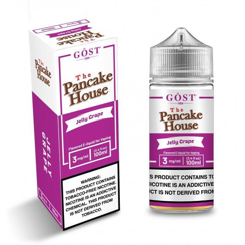 The Pancake House Jelly Grape 100ml e-liquid bottle with box, perfect for a smooth vaping experience.