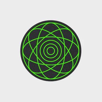 Chartreuse Nebula MoodMat with cosmic swirl design on a black background, made from sustainable rubber.