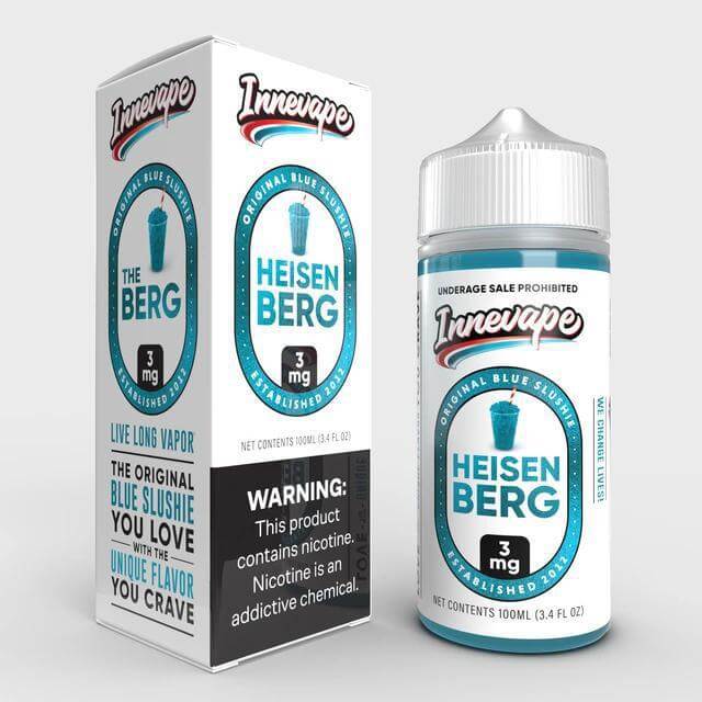 Innevape Heisenberg 100ml e-liquid bottle and packaging, featuring original blue slushie flavor and 3mg nicotine.