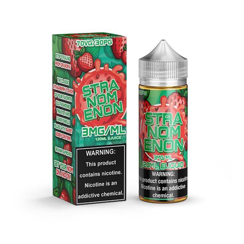 NOMS 120ml Strawberry E-Liquid bottle and packaging, 3mg/ml nicotine, designed for premium sub-ohm vaping experience.