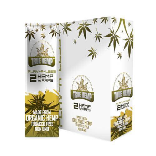 True Hemp Wraps packaging, featuring 2 organic, tobacco-free hemp wraps for a pure smoking experience.