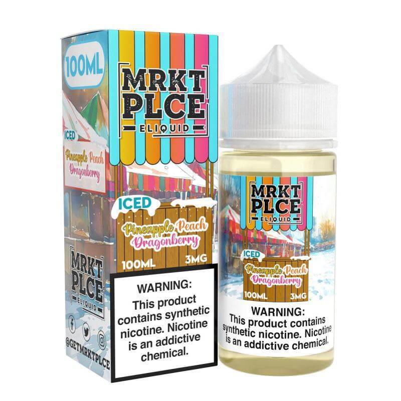 MRKT Place ICED 100ml eJuice bottle with Pineapple, Peach, and Dragonberry flavors and packaging design.