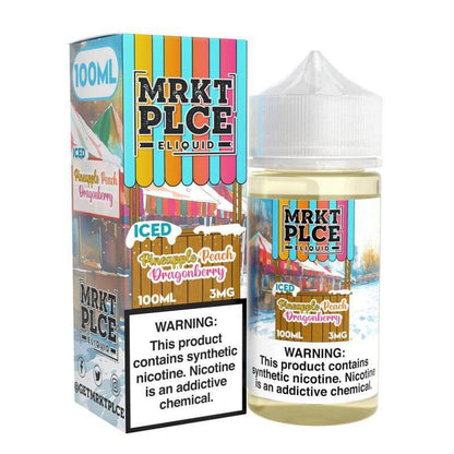 MRKT Place ICED 100ml eJuice bottle with Pineapple, Peach, and Dragonberry flavors and packaging design.