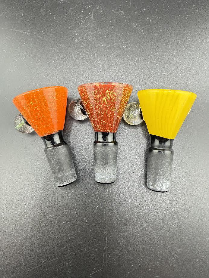 Dichro marble funnel 14mm bowl set featuring vibrant red, orange, and yellow colors on a sleek black base.