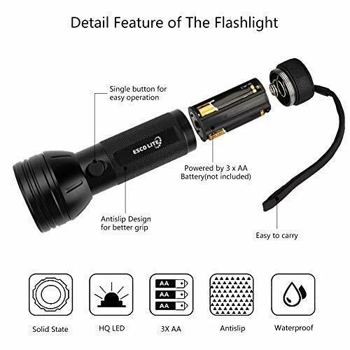Esco Lite 51 LED UV Flashlight features: single button operation, 3 AA battery compartment, antislip design, and waterproof.