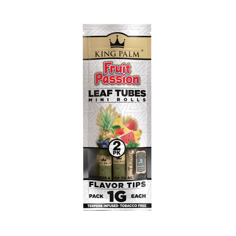 King Palm Fruit Passion 2pc Mini Rolls, terpene-infused, 1g cone pack, with flavor tips for enhanced smoking experience.