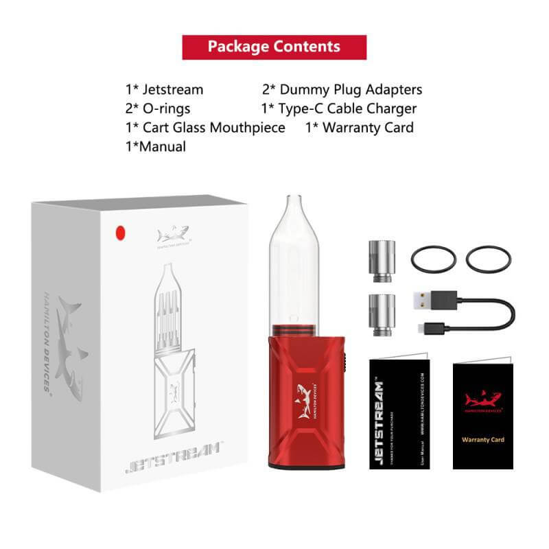 Hamilton Jetstream vaporizer contents: device, adapters, mouthpiece, charger, and manual.